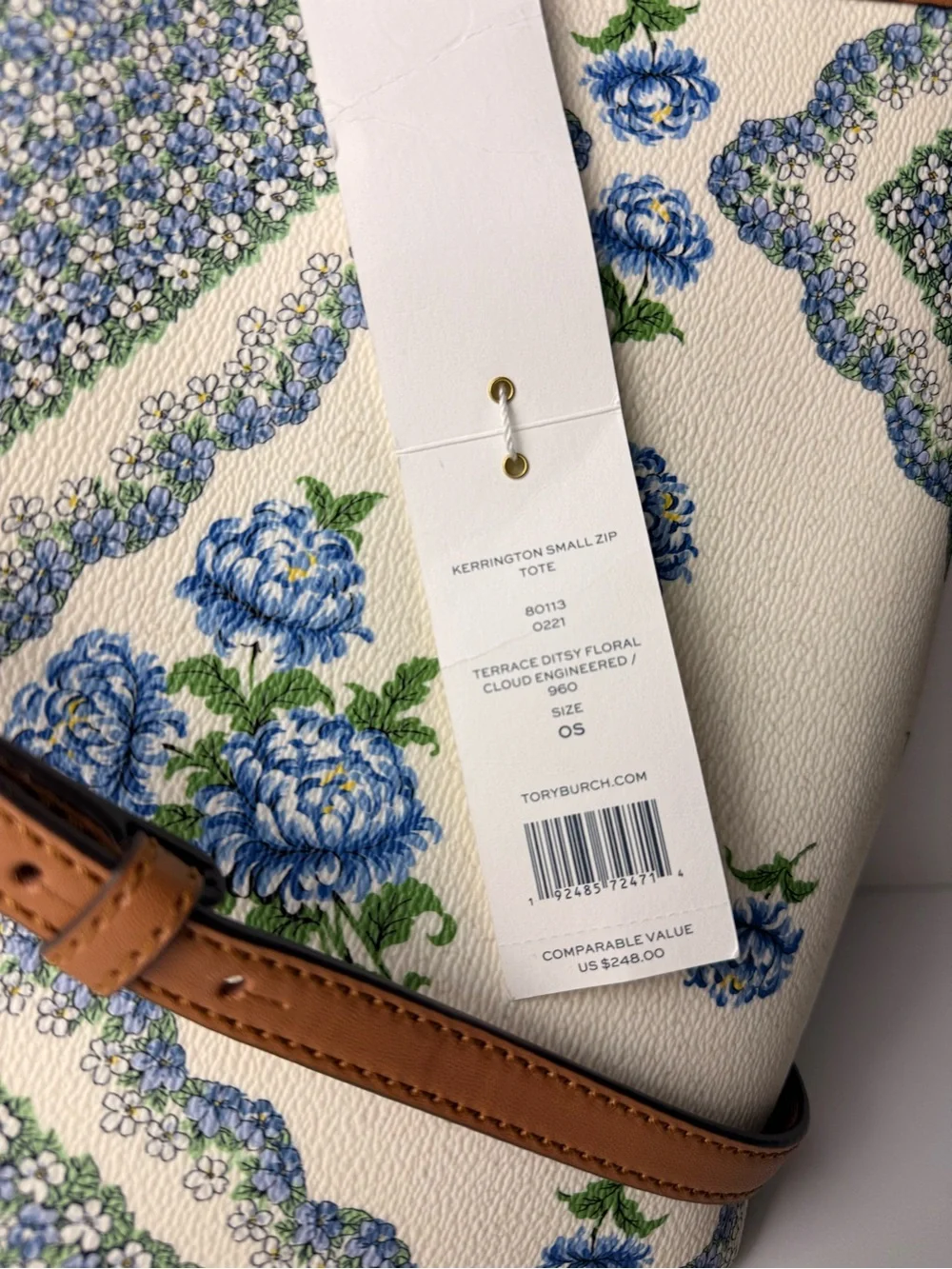 Tory Burch Kerrington Small Zip Tote Terrace Ditsy Floral Cloud Blue Brown